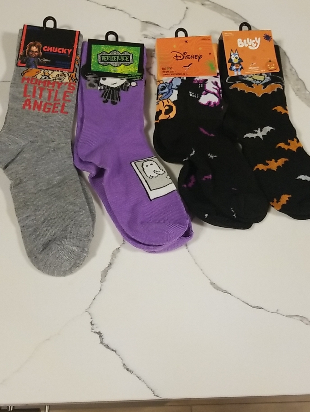 Novelty Halloween Crew Socks Kids Size 10-4 Bluey,  Disney Beetlejuice And Chuck